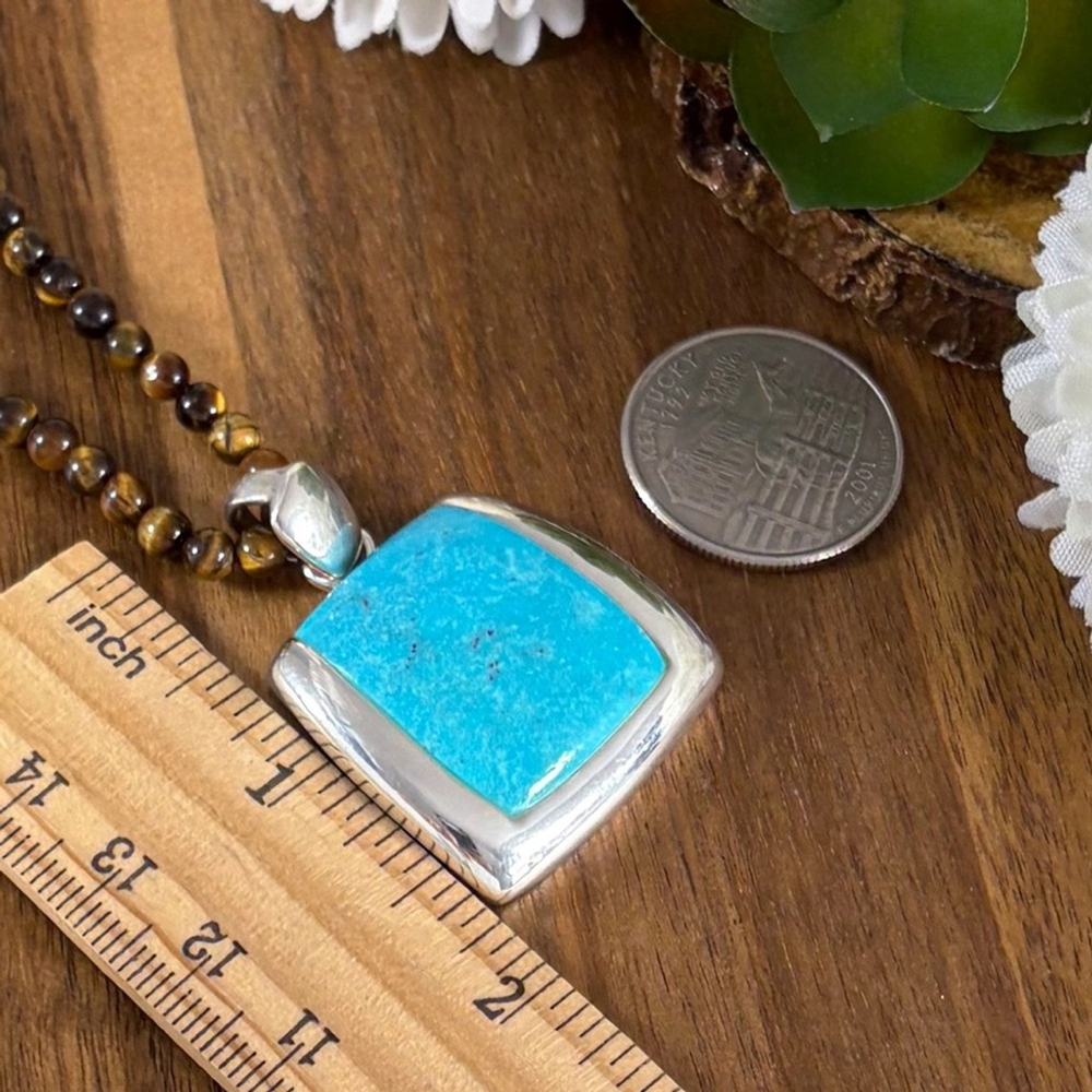 Vintage Sterling Silver 925 Turquoise Pendant Tiger’s Eye Necklace Southwest - Picture 10 of 13